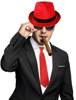 Gangster verkleedkleding setje rood - hoed - stropdas - zonnebril - sigaar - voor heren