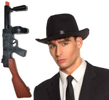 Gangster verkleedkleding setje zwart - hoed - stropdas - machinegeweer - voor heren
