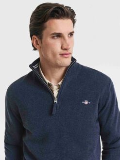 Gant Halfzip Wol Trui Logo Melange Navy Donkerblauw - L,XL,XXL