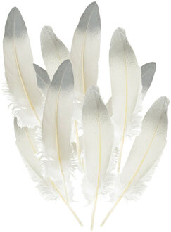 Ganzenveer/sierveer - 30x stuks - wit met zilver - 18-22 cm - decoratie/hobbymateriaal