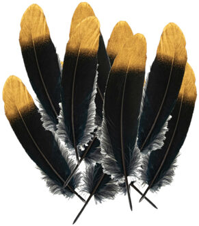 Ganzenveer/sierveer - 50x stuks - zwart met goud - 18-22 cm - decoratie/hobbymateriaal