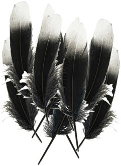 Ganzenveer/sierveer - 50x stuks - zwart met zilver - 18-22 cm - decoratie/hobbymateriaal