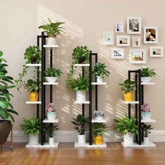 Garden 4 Layers Wooden Metal Flower Stand Pot Plant Display Shelves Balcony Home Decor Flower Pot Rack Planter Pot Trays Shelf