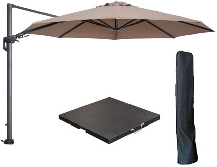 Garden Impressions Hawaii zweefparasol Ø350 cm carbon black / taupe met 90kg black polished parasolvoet en parasolhoes