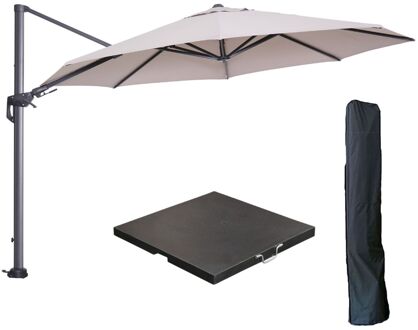 Garden Impressions Hawaii zweefparasol Ø350 cm carbon black / zand met 90kg black polished parasolvoet en parasolhoes Bruin