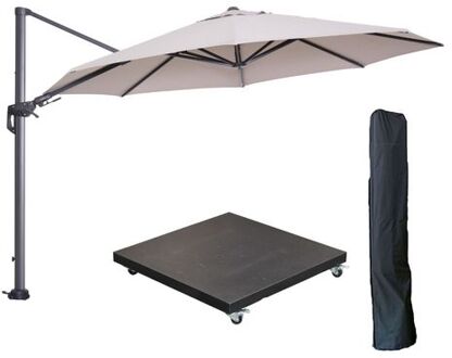 Garden Impressions Hawaii zweefparasol Ø350 cm carbon black / zand met 90kg verrijdbare parasolvoet en parasolhoes Bruin