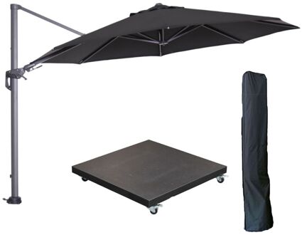 Garden Impressions Hawaii zweefparasol Ø350 cm carbon black / zwart met 90kg verrijdbare parasolvoet en parasolhoes