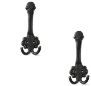 Garderobe kapstok jashaken/ophanghaken - 5x - dubbele haak - antiek zwart - 7,5 x 3 cm
