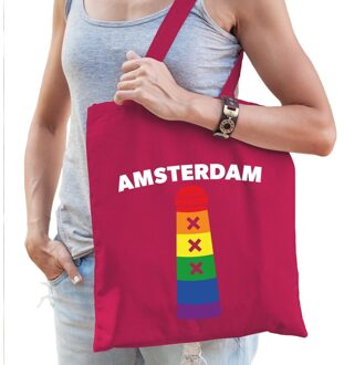Gay pride Amsterdamse paal regenboog katoenen tas fuchsia roze -  lhbt accessoire