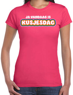 Gay Pride T-shirt voor dames - fuchsia roze - kusjesdag - regenboog - LHBTI S