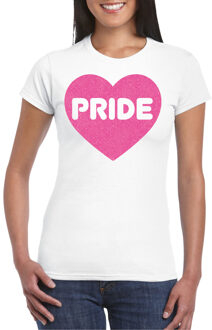 Gay Pride T-shirt voor dames - pride - roze glitter hartje - wit - LHBTI M