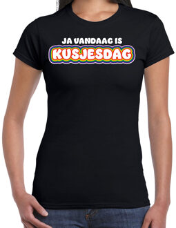 Gay Pride T-shirt voor dames - zwart - kusjesdag - regenboog - LHBTI L