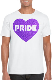 Gay Pride T-shirt voor heren - pride - paars glitter hartje - wit - LHBTI XL