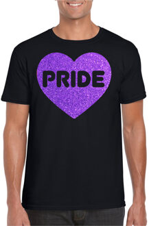 Gay Pride T-shirt voor heren - pride - paars glitter hartje - zwart - LHBTI S
