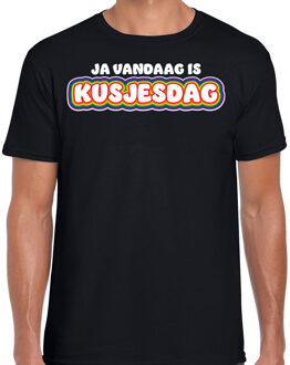 Gay Pride T-shirt voor heren - zwart - kusjesdag - regenboog - LHBTI S