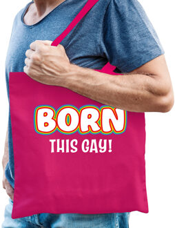 Gay Pride tas - born this gay - katoen - 42 x 38 cm - fuchsia roze - LHBTI - Feest Boodschappentass