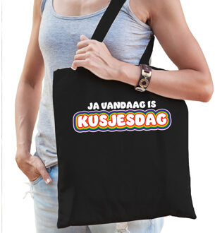 Gay Pride tas voor dames - kusjesdag - zwart - katoen - 42 x 38 cm - LHBTI