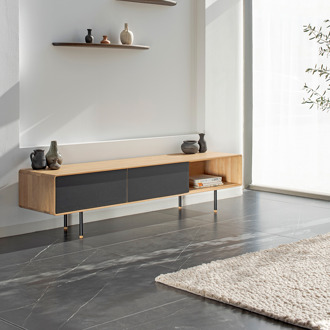 Gazzda Fina lowboard houten tv meubel whitewash - met nero linoleum - 160 x 45 cm Zwart