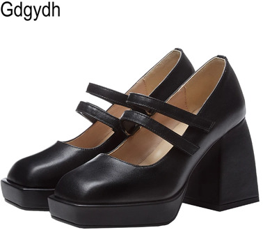 Gdgydh Chunky Heel Punk Women Square Toe Heels 2020 New Spring Summer Mary Janes Shoes Genuine Leather Black White High Quality