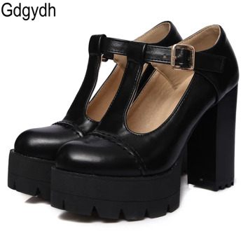 Gdgydh Fashion Women Pumps Round Toe T-starp Buckle Female Single Shoes Thick Heels Platform Women Shoes Russian Plus Size 43