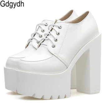 Gdgydh Spring Autumn High-heeled Shoes Women Pumps Platform Heels Black White Leather 2020 New Lacing Casual Shoes Comfortable