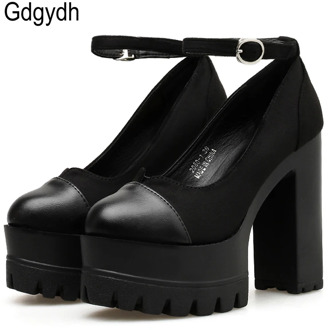 Gdgydh Spring Autumn Round Toe Women Pumps Flock Thick High Heeled Female Single Shoes Ankle Strap Buckle Platform Ladies Shoes