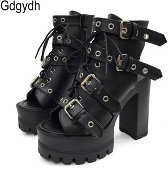 Gdgydh Urtal High Heel Rivet Shoes Platform Womens Pumps Ankle Strap Slingback Pumps Square Toe Gothic Punk Style Drop Shipping