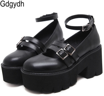 Gdgydh Womens Pump Gothic Shoes Ankle Strap High Chunky Heels Platform Punk Creepers Shoes Female Fashion Buckle Comfortable