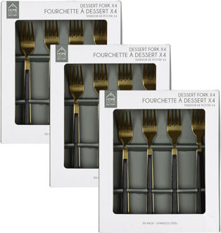 Gebaksvorkjes - 12x stuks - zwart/goud - RVS - 15 cm - vorken - dessert vorkjes