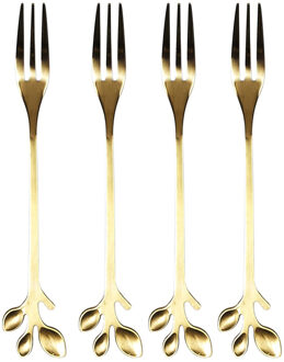 Gebaksvorkjes Leaf - 4x stuks - goud - RVS - 13 cm - vorken - dessert vorkjes