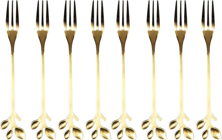 Gebaksvorkjes Leaf - 8x stuks - goud - RVS - 13 cm - vorken - dessert vorkjes