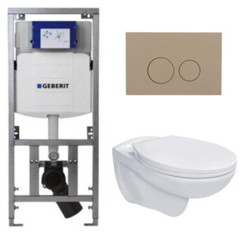 Geberit Adema Classico toiletset bestaande uit inbouwreservoir en toiletpot, basic toiletzitting - bedieningsplaat taupe - ronde knoppen - wit SW1152613/SW1102378/0701131