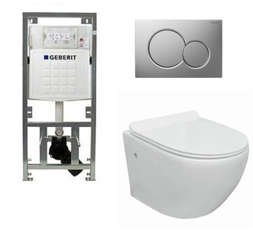 Geberit Go toiletset compact Rimless inclusief UP320 toiletreservoir met softclose en quickrelease toiletzitting met bedieningsplaat glans verchroomd 0701131/0700519/sw242519/ Wit glans