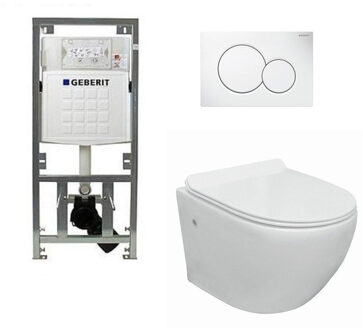 Geberit Nemo Go toiletset compact Rimless inclusief UP320 toiletreservoir met softclose en quickrelease toiletzitting met bedieningsplaat wit 0701131/0700518/sw242519/ Wit glans