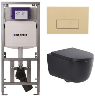 Geberit QeramiQ Dely Swirl Toiletset - 36.3x51.7cm - Geberit UP320 inbouwreservoir - met Burda frame - 35mm zitting - bedieningsplaat beige - rechthoekige knoppen - mat zwart 0701131/SW1102366/SW1000769/SW1026258 Zwart mat