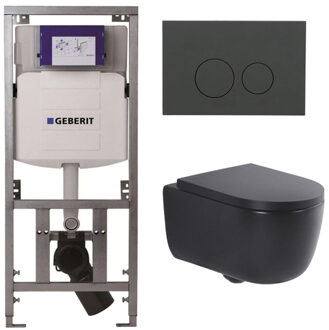 Geberit QeramiQ Dely Swirl Toiletset - 36.3x51.7cm - Geberit UP320 inbouwreservoir - met Burda frame - 35mm zitting - bedieningsplaat mat antraciet - ronde knoppen - mat zwart 0701131/SW1102376/SW1000769/SW1026258 Zwart mat