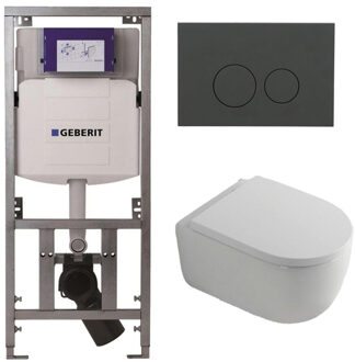 Geberit QeramiQ Dely Swirl Toiletset - 36.3x51.7cm - Geberit UP320 inbouwreservoir - met Burda frame - 35mm zitting - bedieningsplaat mat antraciet - ronde knoppen - wit glans 0701131/SW1102376/SW1000767/SW1026256