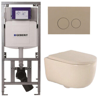 Geberit QeramiQ Dely Swirl Toiletset - 36.3x51.7cm - Geberit UP320 inbouwreservoir - met Burda frame - 35mm zitting - bedieningsplaat taupe - ronde knoppen - beige 0701131/SW1102378/SW1000771/SW1026259 Beige mat