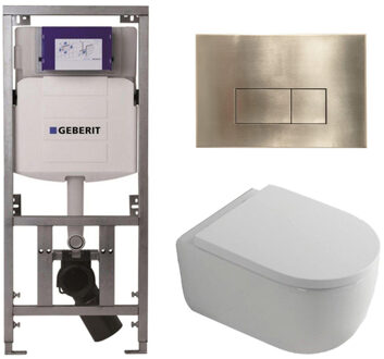 Geberit QeramiQ Dely Swirl Toiletset - 36.3x51.7cm - Geberit UP320 inbouwreservoir - met Burda frame - 35mm zitting - geborsteld messing bedieningsplaat - rechthoekige knoppen - wit glans 0701131/SW706201/SW1000767/SW1026256