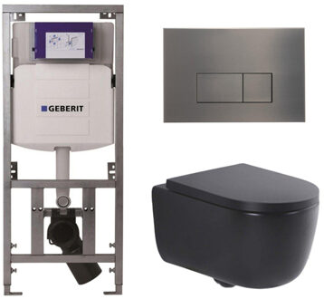 Geberit QeramiQ Dely Swirl Toiletset - 36.3x51.7cm - Geberit UP320 inbouwreservoir - met Burda frame - 35mm zitting - gunmetal bedieningsplaat - rechthoekige knoppen - mat zwart 0701131/SW706199/SW1000769/SW1026258 Zwart mat