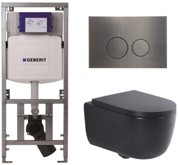 Geberit QeramiQ Dely Swirl Toiletset - 36.3x51.7cm - Geberit UP320 inbouwreservoir - met Burda frame - 35mm zitting - gunmetal bedieningsplaat - ronde knoppen - mat zwart 0701131/SW706198/SW1000769/SW1026258 Zwart mat