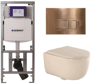 Geberit QeramiQ Dely Swirl Toiletset - 36.3x51.7cm - Geberit UP320 inbouwreservoir - met Burda frame - 35mm zitting - koperen bedieningsplaat - rechthoekige knoppen - beige 0701131/SW706197/SW1000771/SW1026259 Beige mat