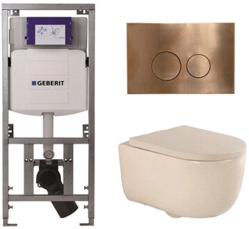 Geberit QeramiQ Dely Swirl Toiletset - 36.3x51.7cm - Geberit UP320 inbouwreservoir - met Burda frame - 35mm zitting - koperen bedieningsplaat - ronde knoppen - beige 0701131/SW706196/SW1000771/SW1026259 Beige mat