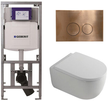 Geberit QeramiQ Dely Swirl Toiletset - 36.3x51.7cm - Geberit UP320 inbouwreservoir - met Burda frame - 35mm zitting - koperen bedieningsplaat - ronde knoppen - wit glans 0701131/SW706196/SW1000767/SW106256