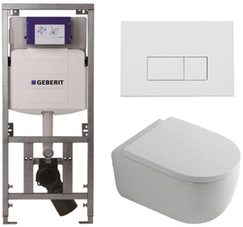 Geberit QeramiQ Dely Swirl Toiletset - 36.3x51.7cm - Geberit UP320 inbouwreservoir - met Burda frame - 35mm zitting - mat witte metalen bedieningsplaat - rechthoekige knoppen - wit glans 0701131/SW706191/SW1000767/SW1026256