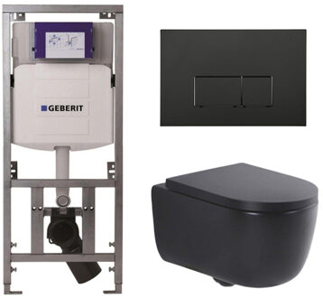 Geberit QeramiQ Dely Swirl Toiletset - 36.3x51.7cm - Geberit UP320 inbouwreservoir - met Burda frame - 35mm zitting - mat zwarte bedieningsplaat - rechthoekige knoppen - mat zwart SW1000769/SW1026258/0701131/SW706189 Zwart mat