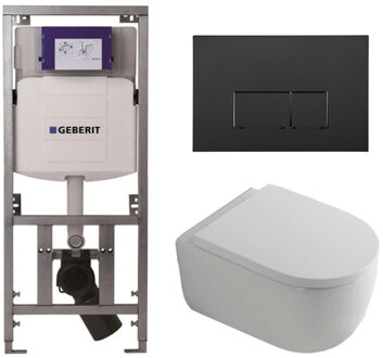 Geberit QeramiQ Dely Swirl Toiletset - 36.3x51.7cm - Geberit UP320 inbouwreservoir - met Burda frame - 35mm zitting - mat zwarte bedieningsplaat - rechthoekige knoppen - wit glans SW1000767/Sw1026256/0701131/SW706189