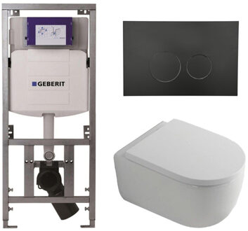 Geberit QeramiQ Dely Swirl Toiletset - 36.3x51.7cm - Geberit UP320 inbouwreservoir - met Burda frame - 35mm zitting - mat zwarte bedieningsplaat - ronde knoppen - wit glans 0701131/SW706188/SW1000767/SW1026256