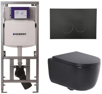 Geberit QeramiQ Dely Swirl Toiletset - 36.3x51.7cm - Geberit UP320 inbouwreservoir - met Burda frame - 35mm zitting - mat zwarte metalen bedieningsplaat - ronde knoppen - mat zwart 0701131/SW706192/SW1000769/SW1026258 Zwart mat