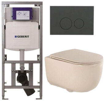 Geberit QeramiQ Dely Swirl Toiletset - 36.3x51.7cm - Geberit UP320 inbouwreservoir - met Burda frame - slim zitting - bedieningsplaat mat antraciet - ronde knoppen - beige 0701131/SW1102376/SW1000770/SW1026259 Beige mat
